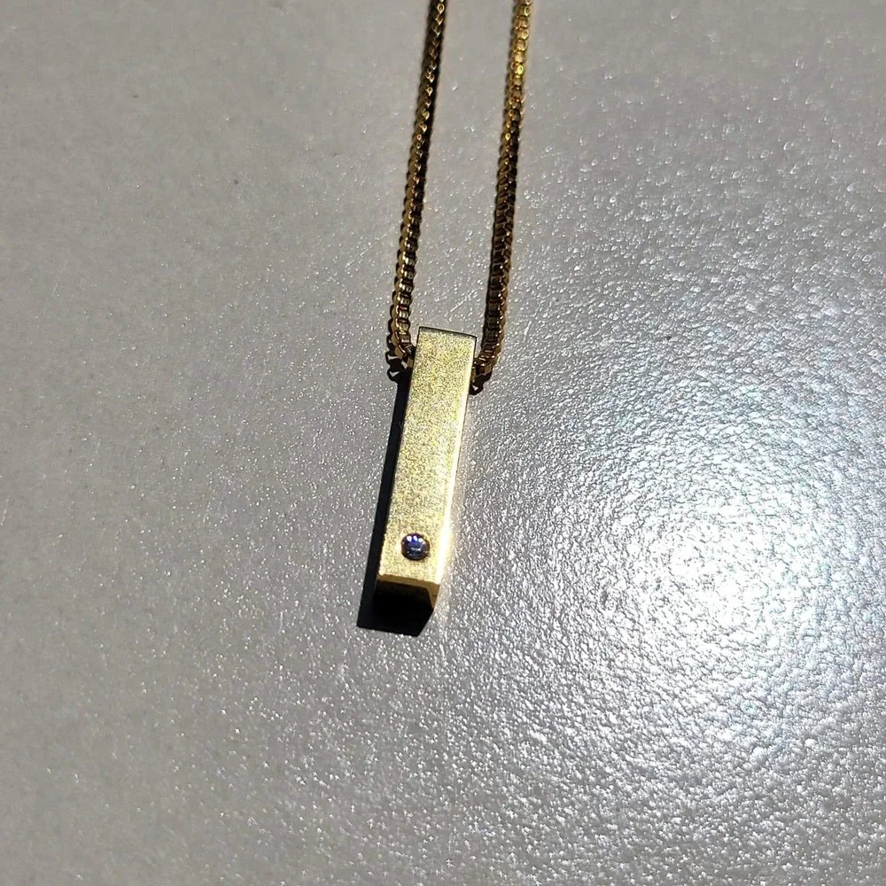 Gold Tone Textured Bar Pendant Necklace Small Clear Stone Inset Chain